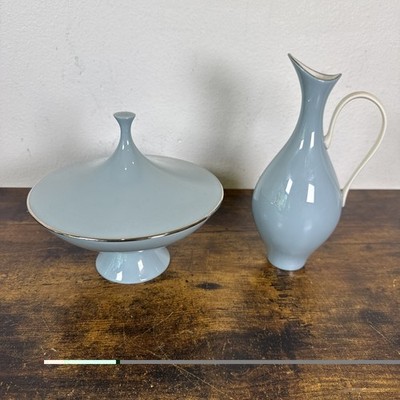 Lenox Porcelain Artware Pair Blue Silver Trim Pitcher & Lidded Compote USA