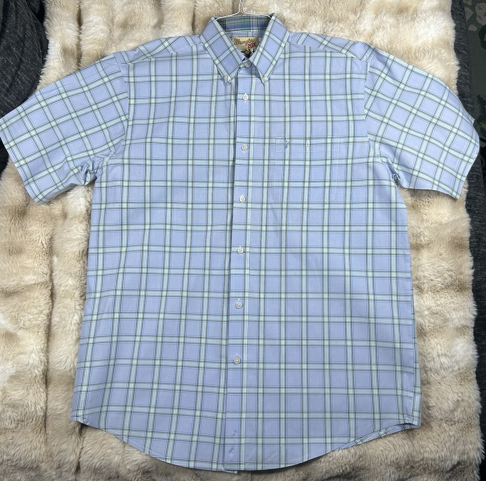Wrangler 20X Western Shirt XL Button Up Short Sleeve Plaid Blue Cowboy Men's