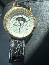 Vintage Carlton Quartz Sun & Moon Day/Date Analog Watch Black Leather Strap