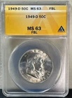 1949 D 50C Silver Franklin Half Dollar ANACS MS63 FBL