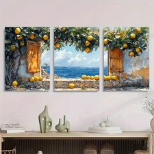 3pc Sicilian Lemon Tree by the Beach Framed Wall Canvas Painting Mediterranean