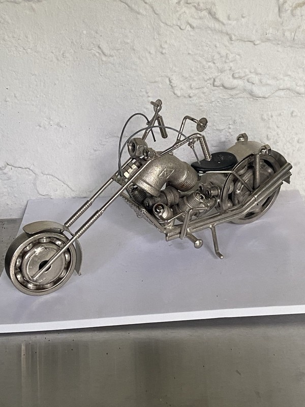 Chopper Motorcycle Handmade Welded Scrap Metal Sculpture Nuts Bolts Spark Plugs