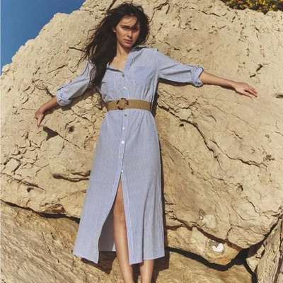 Zara striped belted shirt dress blue small | eBay