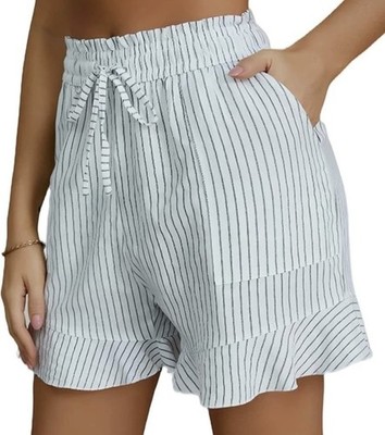 Summer Linen Blend Wide Leg High Waisted Ruffle Resort Costal Shorts Women Large