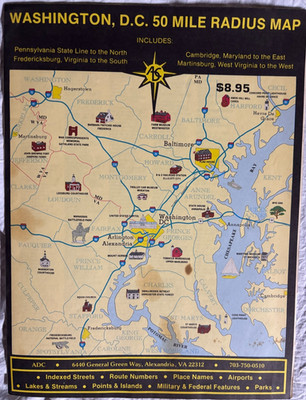 Washington DC 50 Mile Radius Wall Map 36x48'' - 1988 ADC (includes Baltimore)