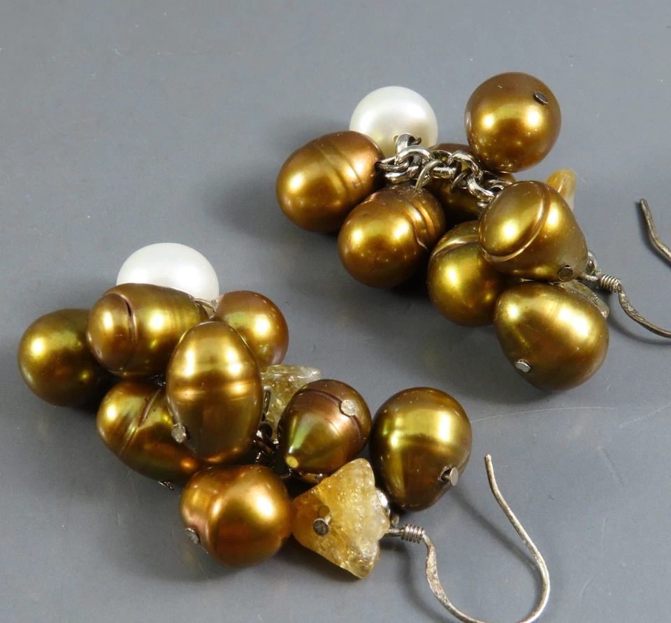 PLATA ESTERLINA Pendientes Colgantes Racimo BRONCE Y CREMA PERLAS Naranja Citrino Foto 2 de 4