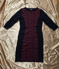 Nine West Sheath Dress Black Red Geometric Knit 3/4 Sleeve Round Neck XS