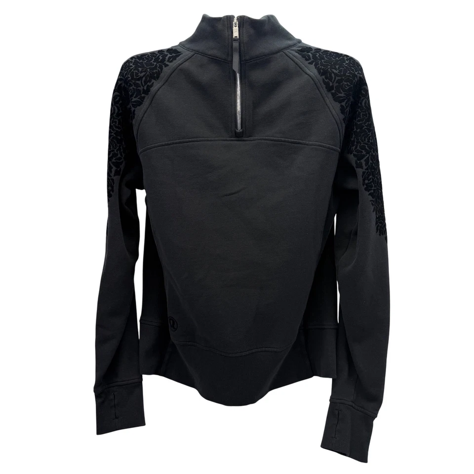 Chaqueta Pullover Lululemon Negra Floral Terciopelo Manga Cuarto Cremallera Mujer Talla 12 Foto 3 de 4