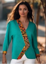 Vintage 80s Knit Jacket Paisley Jeffrey Dara By Linda Hutley Green Size Medium