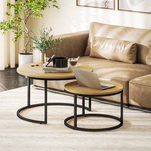 HOMCOM 2 Pcs Stacking Coffee Table Set with Steel Frame, Natural - Picture 2 of 11