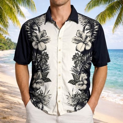 Campia Moda Hawaiian Aloha Shirt XL Floral Hibiscus Flowers Palms Black White