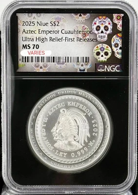 2026 Niue Aztec Emperor Cuauhtemos UHR 1 oz Silver NGC MS70 FR Sugar Skull Label - Image 1 of 4