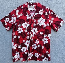 Vintage Blue Hawaii Brand Red Floral Button Up Shirt Mens XL Tropical USA Made