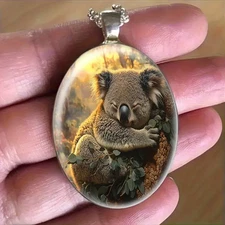 Koala Bear Oval Necklace Jewelry Vintage Silvery Nature Animal Pendant