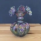 Bill Fenton Glass Ruffled Vase Purple Floral Hand Painted by S Hart  #194