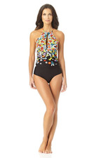 Anne Cole High Neck One Piece Swimsuit - size 6 - Black floral print
