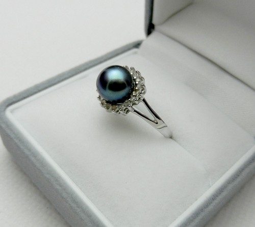 Tahitian Pearl & Diamonds Halo Ring in Solid 14k White Gold size 6.75 - Picture 6 of 9