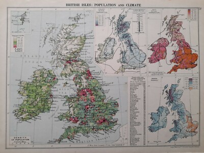 1931 Karte Britische Inseln Bevölkerung & Climate Annual Rainfall Temperatur