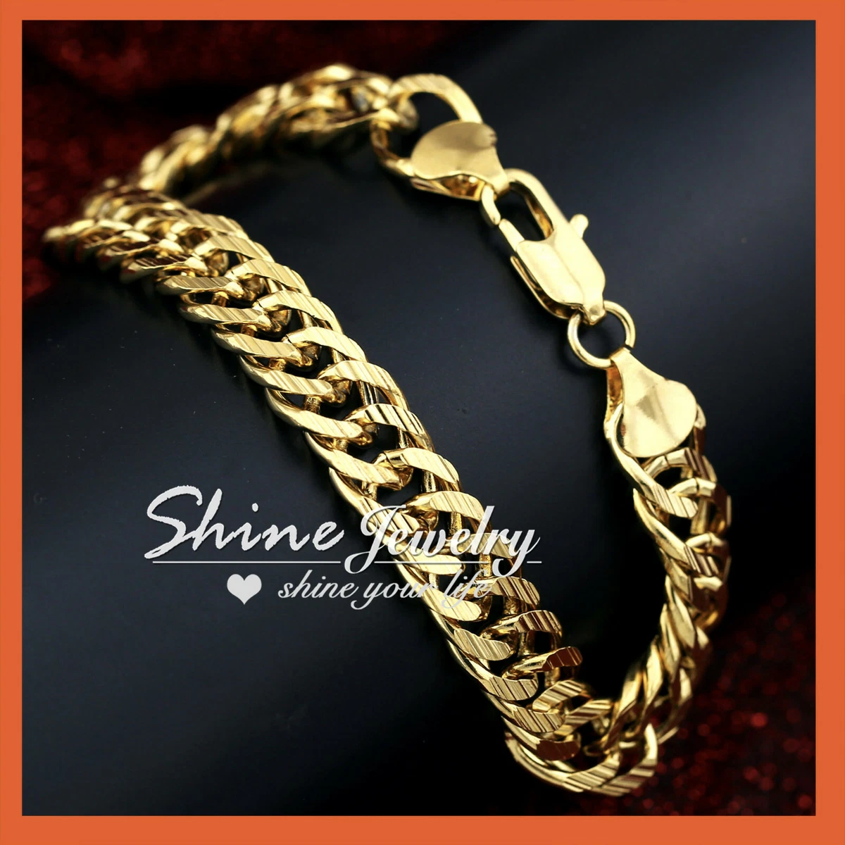 24K GOLD FILLED CUBAN DOUBLE CURB RINGS CHAIN MENS SOLID ITALIAN BRACELET BANGLE
