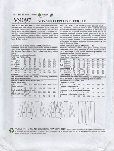 Vogue Sewing Pattern 9097 Men's Evening Jacket & Trousers, Curved Collar 34"-46" - Picture 3 of 19
