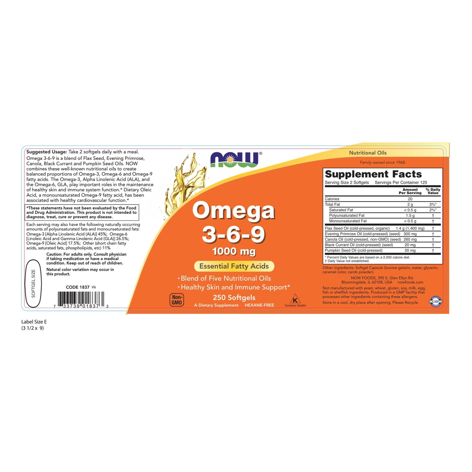 Omega 369 1000mg 250 Softgels 5 Oil Blend inc Black Currant Oil