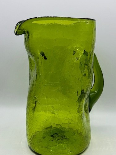 Blenko Glass Hand Made Crackle #6714 Olive Green Pitcher Joel Myers 10" 1967 - Picture 15 of 23