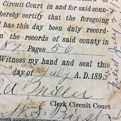 Escritura de propiedad inmobiliaria original de 1893 Marion County Florida antigua u - Imagen 9 de 12
