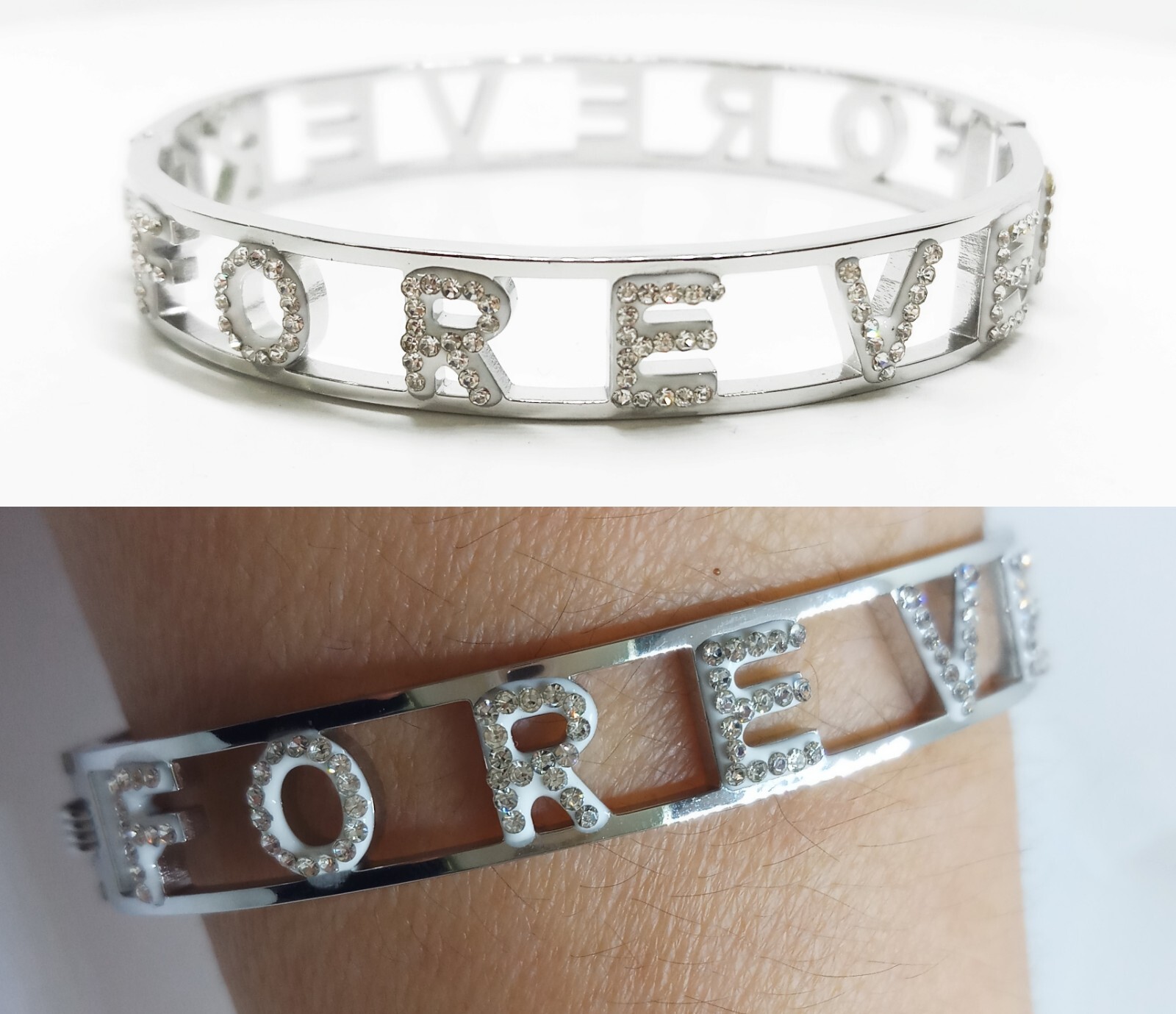 Bracciale Rigido De Acero Para Mujer Plateado Con Scritte Forever Per Sempre