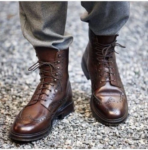 Handmade Men s Wingtip Brown Ankle Suede Leather Lace up Boots Formal Shoes