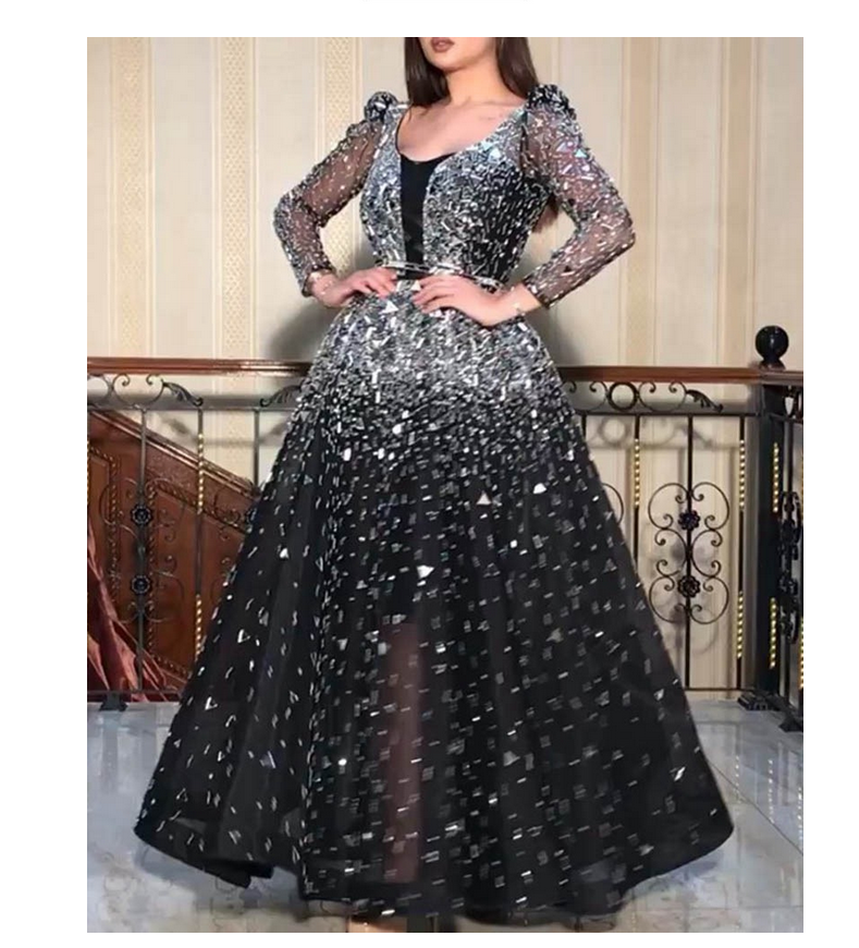 Dress Women Sequins Big Swing Lace Mesh Long Sleeve Round Neck