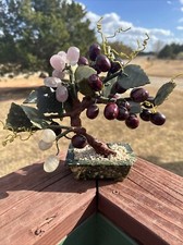 Jade Bonsai Tree in Marble Planter 8  x 9  Pink Stone Grapes Hand Carved Leaves