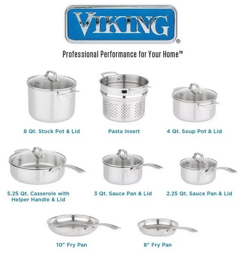 Viking 13 piece Tri-Ply Stainless Steel Cookware Set Glass Lids Mirror Finish - Picture 2 of 8