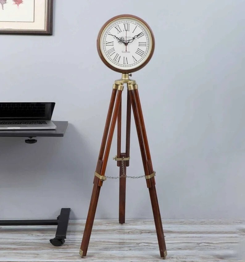 Tripod Clock, Clock on Tripod for Home and Office Aluminum Brass Finished