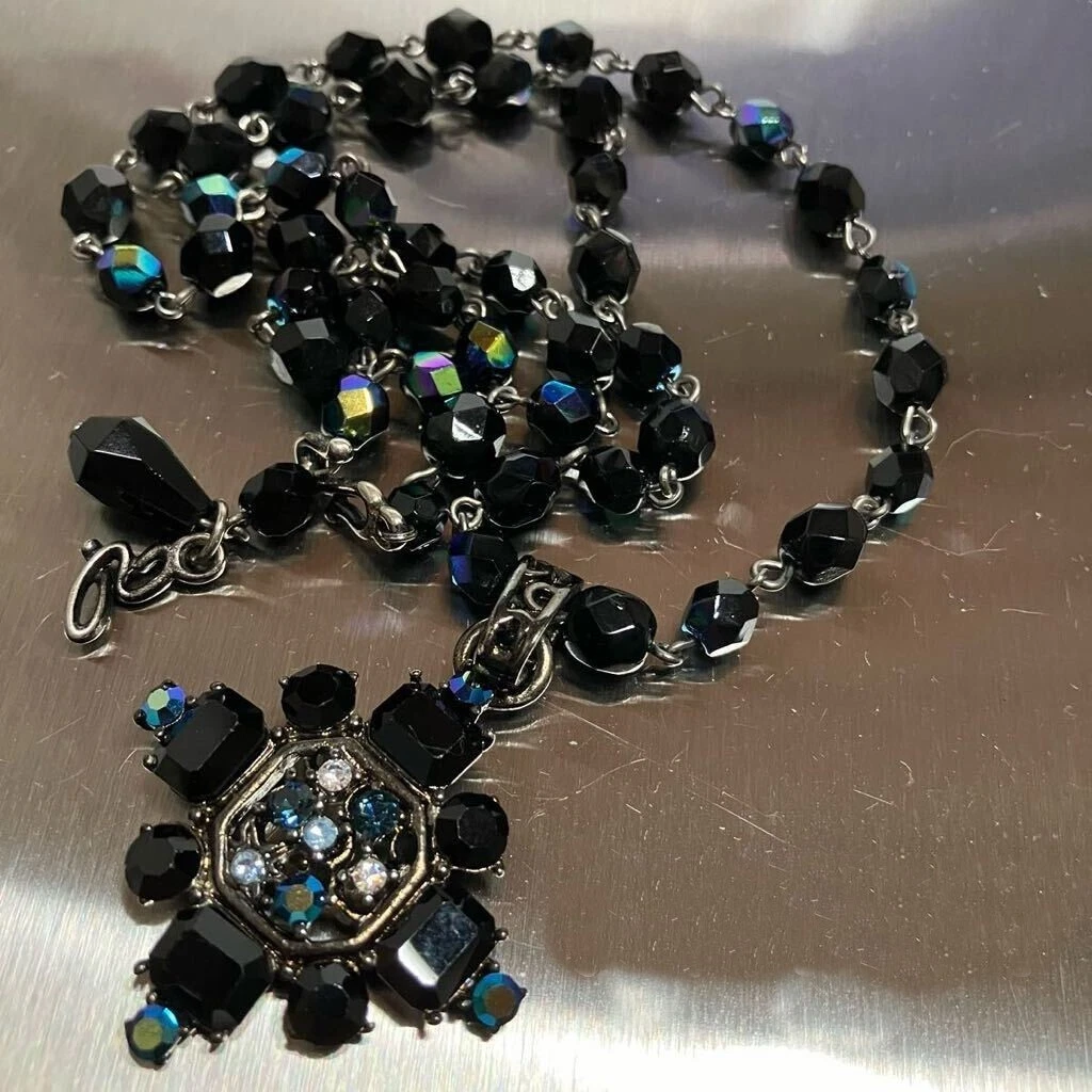 GIVENCHY Collana Bijou Nero Blu Perline Zirconi Pietre Dichiarazione Gioielli