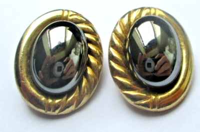 Boucles D'oreilles à Clips Vintage En Argent Avec Perle Hématite - Bijou Ancien, Occasion Bon état