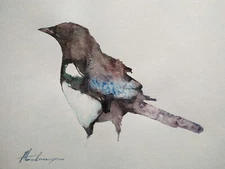 Magpie, Birds, Watercolor artwork, Handmade, Original painting on paper