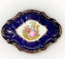 Vintage Florence Limoges France Bowl Couple Portrait Cobalt Blue Rare Ruffle