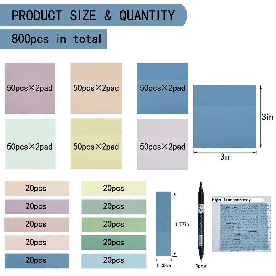 800Pcs Transparent Sticky Notes, 3