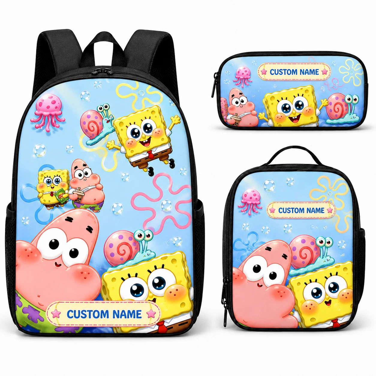 Personalized Cute Yellow Sponge Starfish Backpack Set 3 Pcs Custom Name Bag