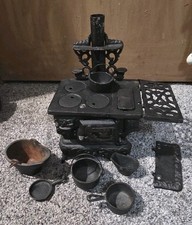 Crescent Vintage Cast Iron Stove w/ Mini Pots, Pans  Utensils and burner covers