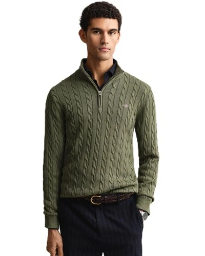 GANT Mens Cotton Cable Half Zip Jumper, Dry Herb Green