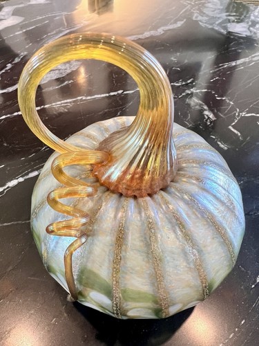 Jack Pine Studio Blown Glass Pumpkin 2011 Green Gold Lavender 5 1/4” - Picture 2 of 5