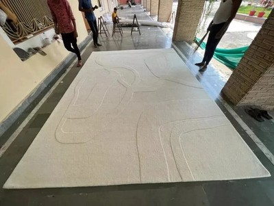 Geometric Hand Tufted 100% Wool Rug Color  Bone White Handmade Design Carpet Rug