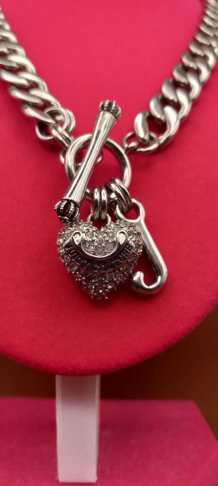 Vintage Juicy Couture Pave Crystal Rhinestone Heart Toggle Charm Necklace Y2K - Image 3 of 4