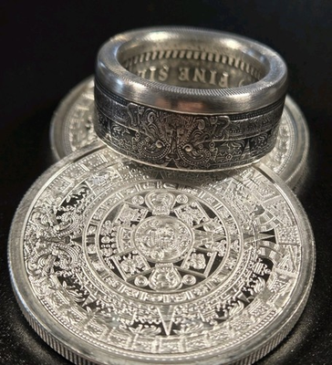 #ad Aztec Calender .999 Pure Silver COIN RING Sz 9 14 Azteca Mayan 1 Troy Oz Coin $160.00