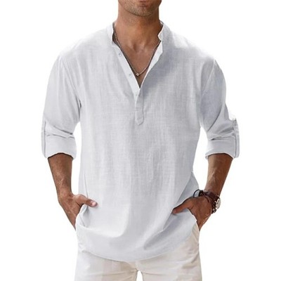 Herren Leinenhemd Henley Langarm Sommer Freizeithemd Khaki Größe M