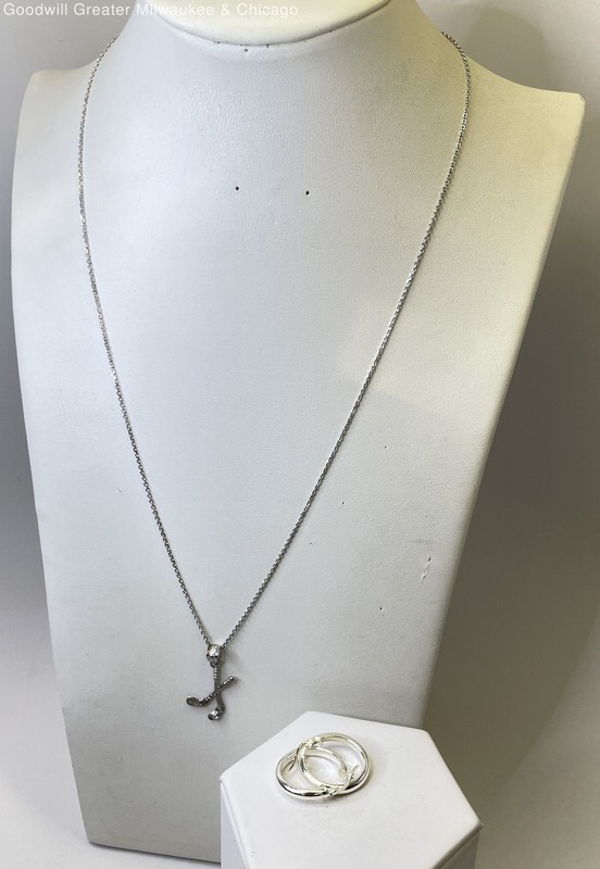 925 Sterling Golf Club Pendant Necklace & Hoop Earrings 4.7g
