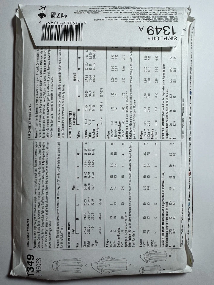 Simplicity 1349 Men's & Boys' Costume Capes w Collar or Hood Sz S-L, S-XL UNCUT - Image 3 of 4