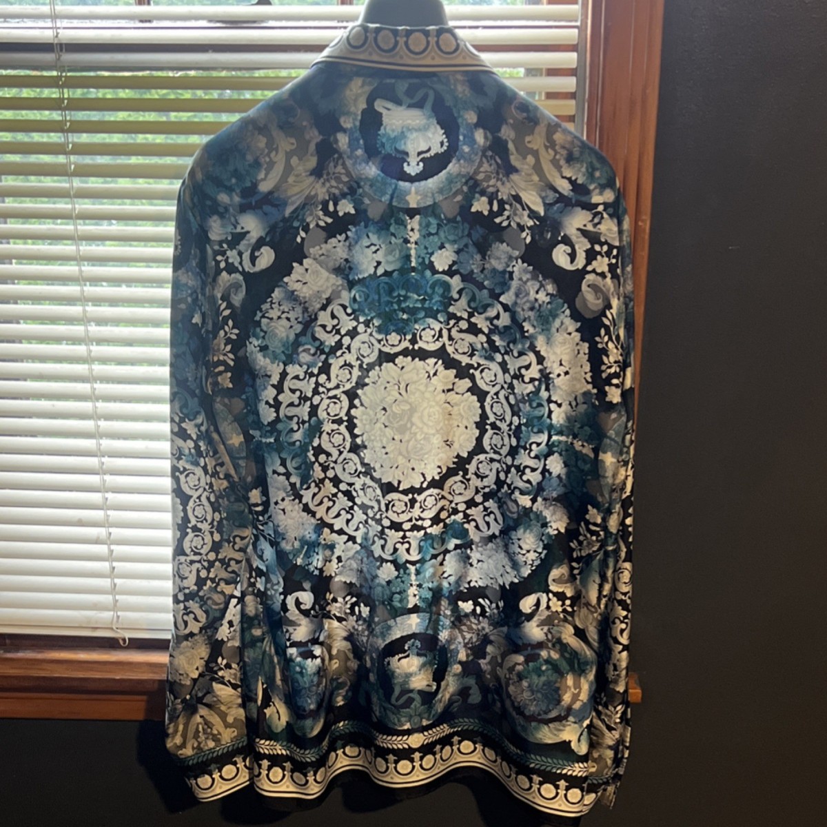 Versace Men's Blue Baroque Floral Silk Button-Up Shirt Long Sleeve