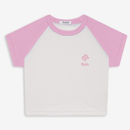 NEU RHUDE Script Logo Baby Raglan Crop Tee weiß/pink SS22 Damengröße 2XL XXL - Bild 1 von 5